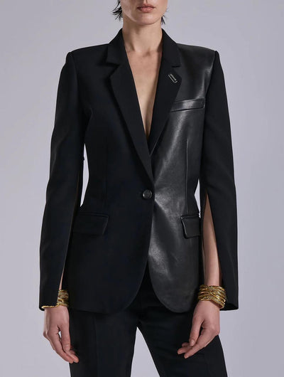 Veste à manches zippées en crépe et cuir noir