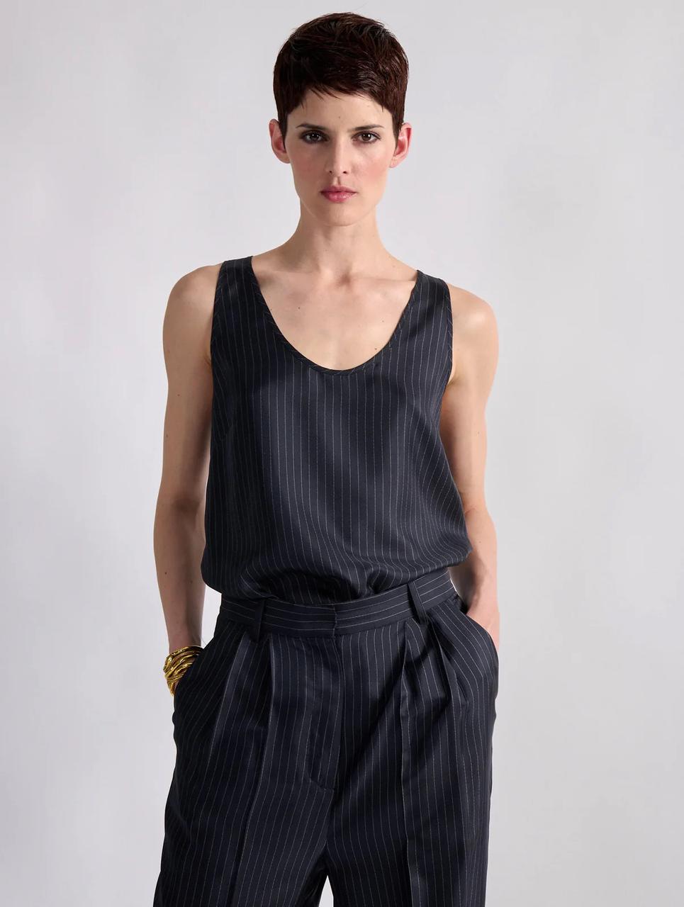 Débardeur en twill de soie rayures marine