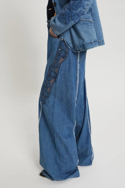 Wide denim pants with embroidery