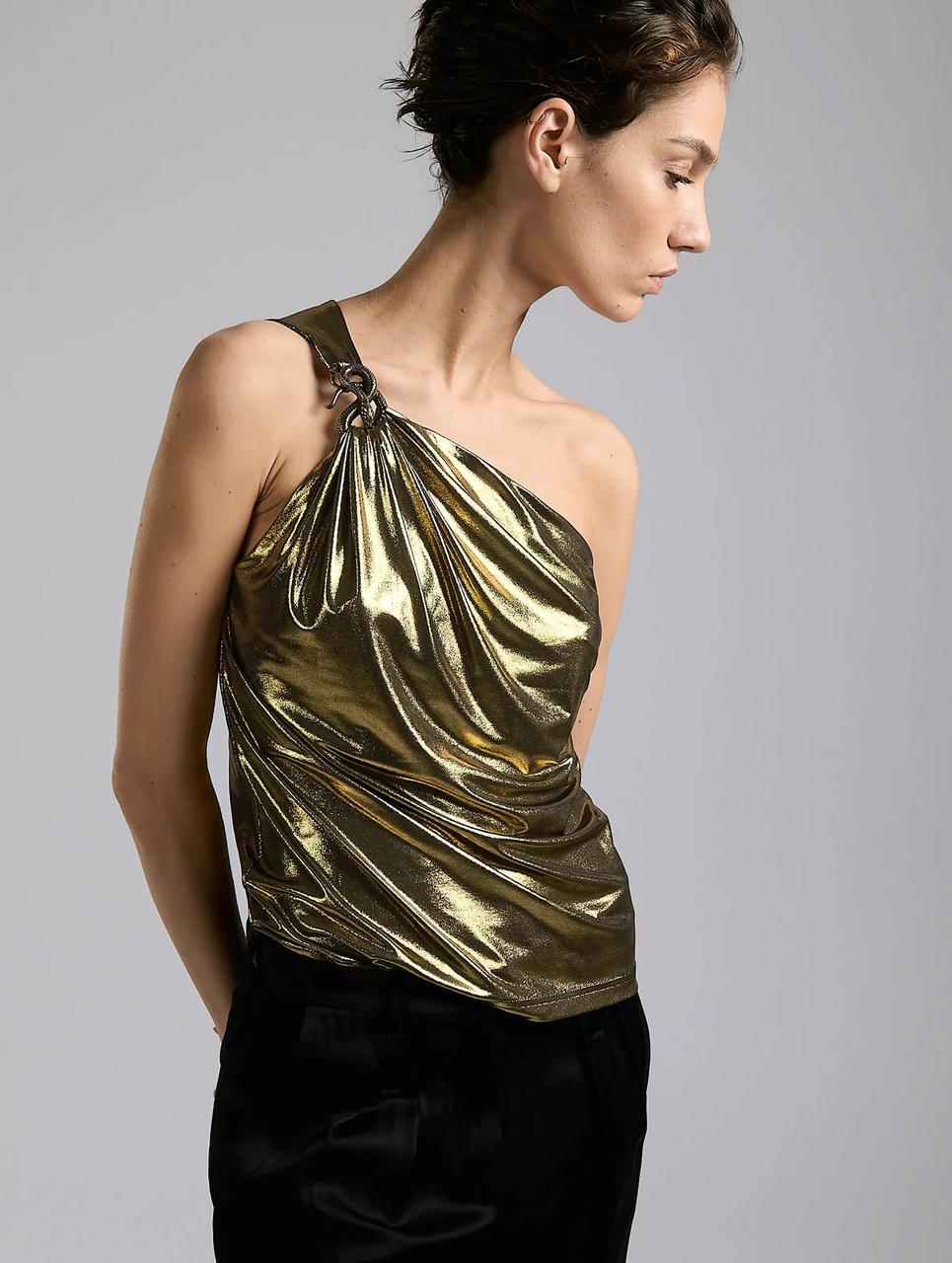 Top asymmetric en jersey métallisé gold