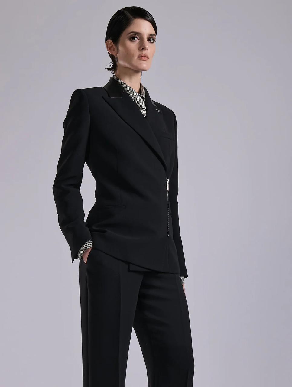 Veste zippée en crépe et cuir noir