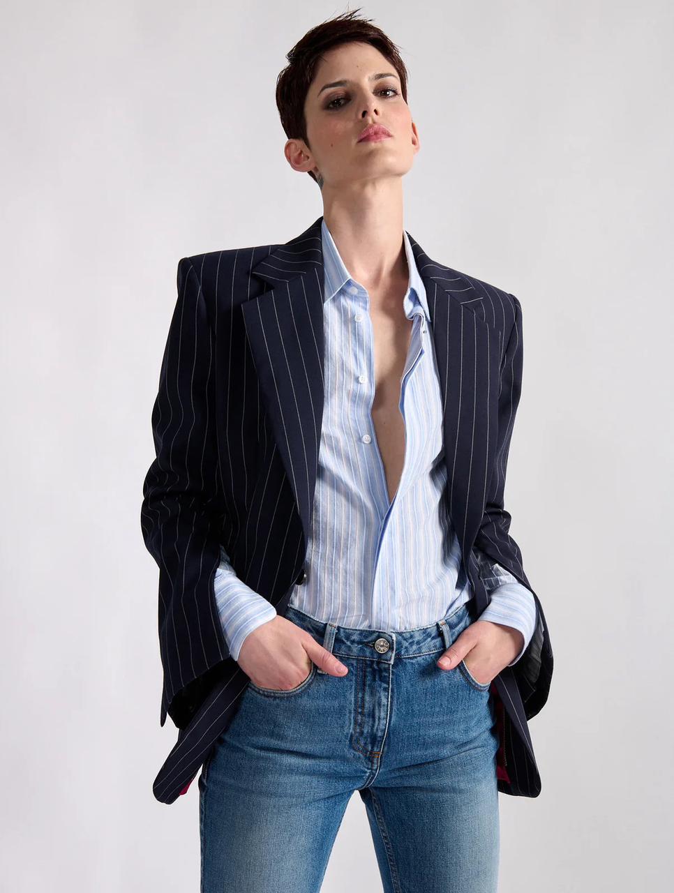 Veste coupe droite à rayures tennis , bleue marine