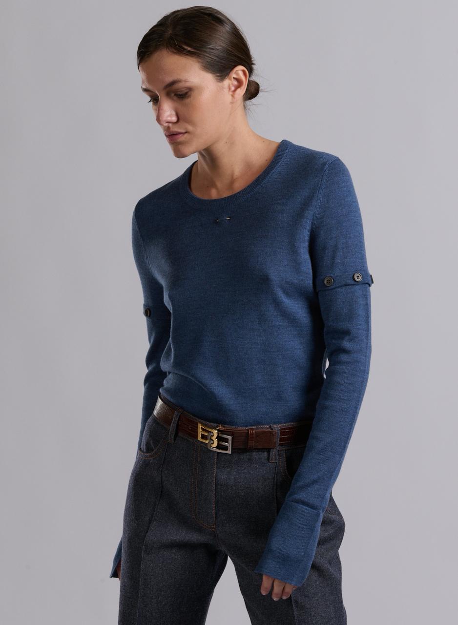 Pull à col rond en maille merinos bleu; manche amovible