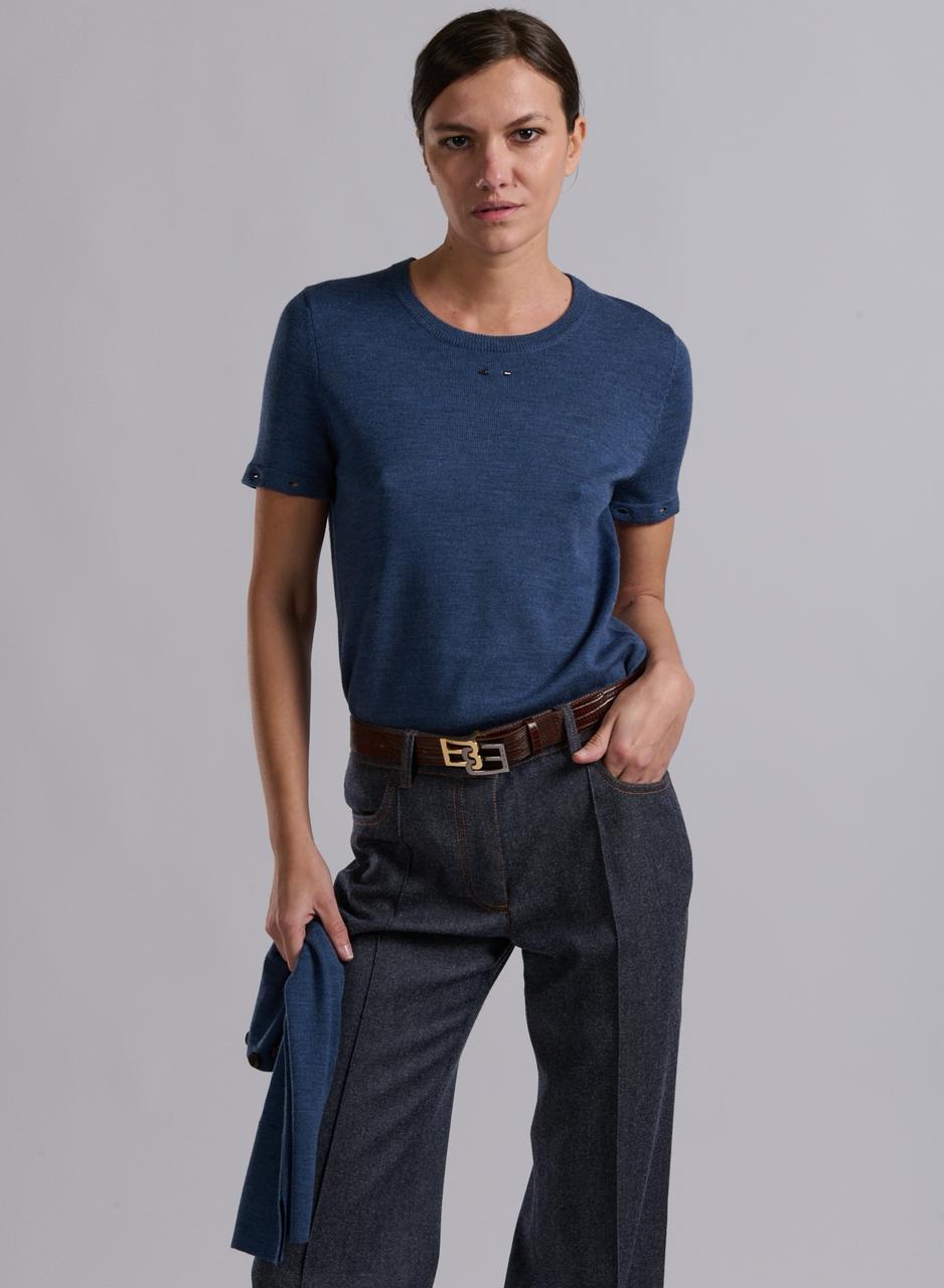 Pull à col rond en maille merinos bleu; manche amovible