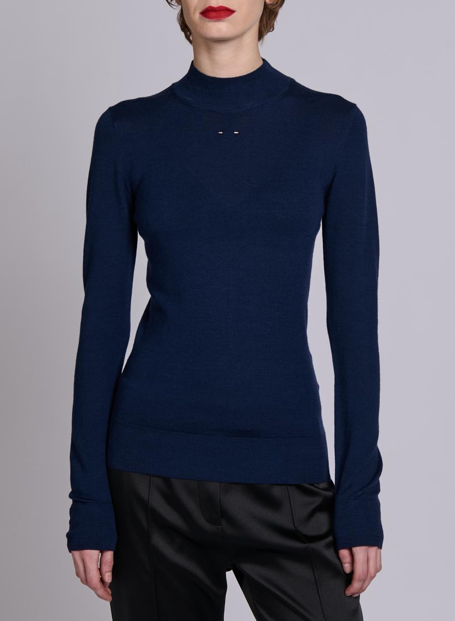 Pull à col montant en merinos bleu marine